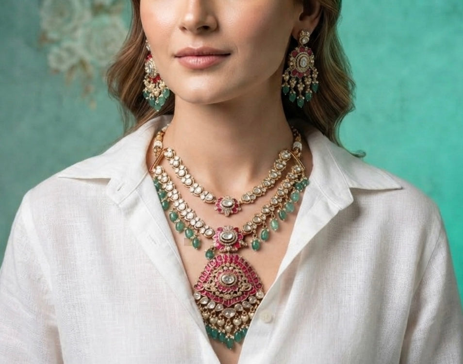 Pink kundan polki long necklace set(4-9570)(B)