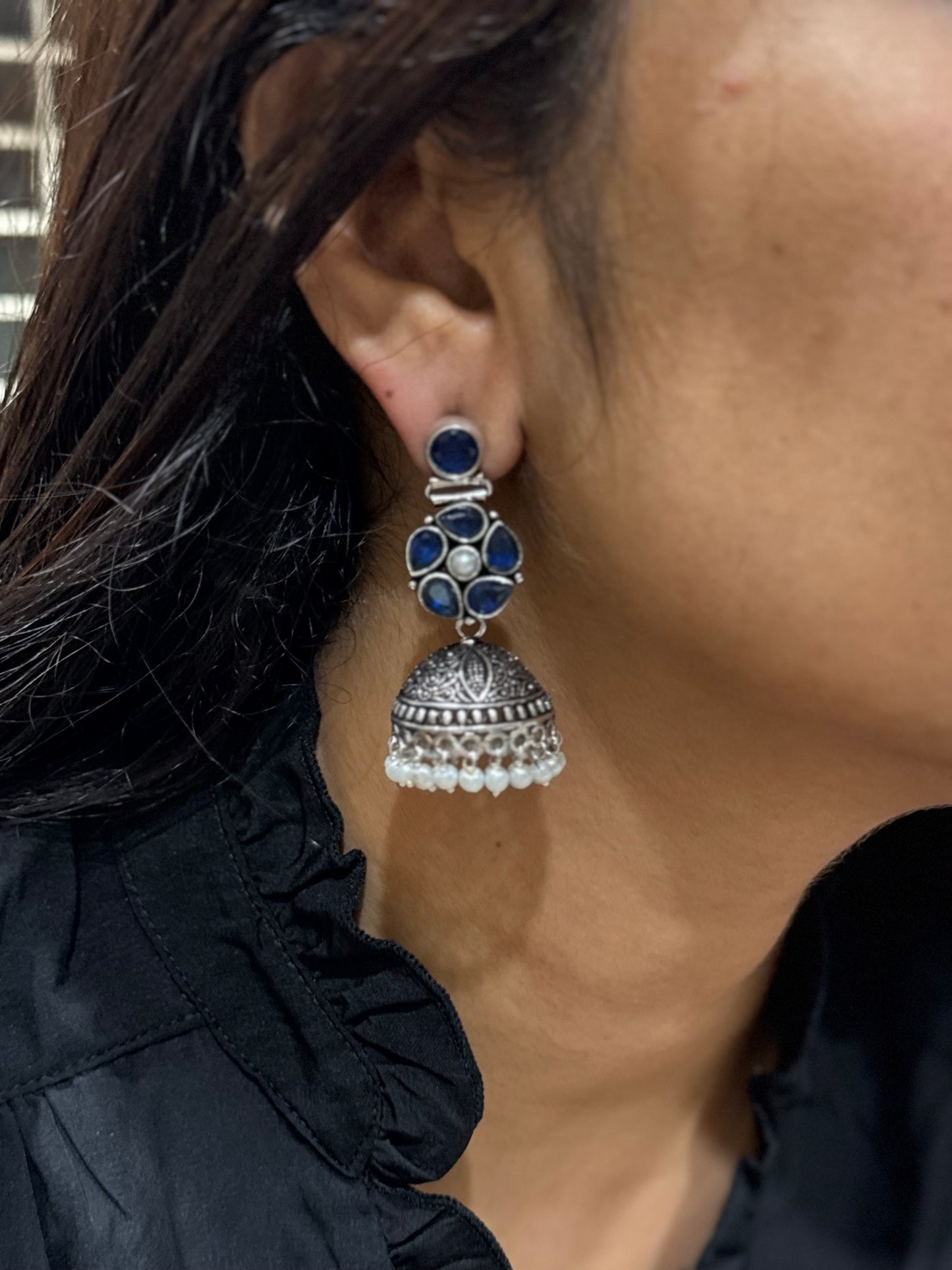 Blue Stone Oxidised Jhumki Earrings (1-4870)