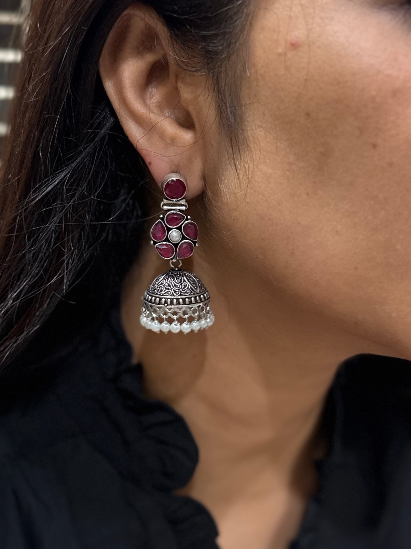 Red Stone Oxidised Jhumki Earrings (1-4869)