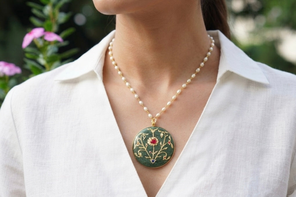 GREEN STONE Kundan pendant chain(4-9640)(R)