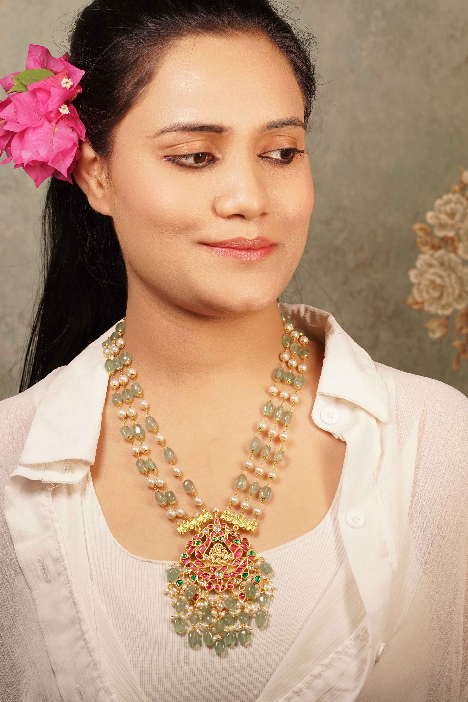 Laxmi Kundan pendant necklace (4-5462)(R) - JEWELSTYLE