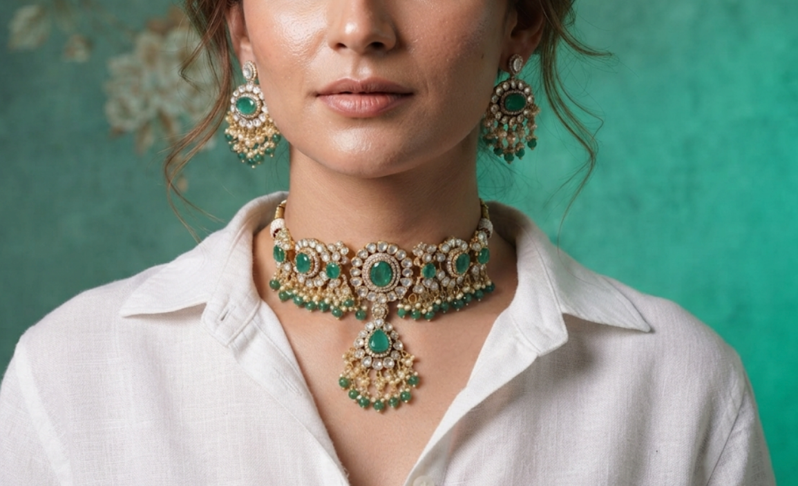 Green doublet stone polki choker set (4-9564)(B)