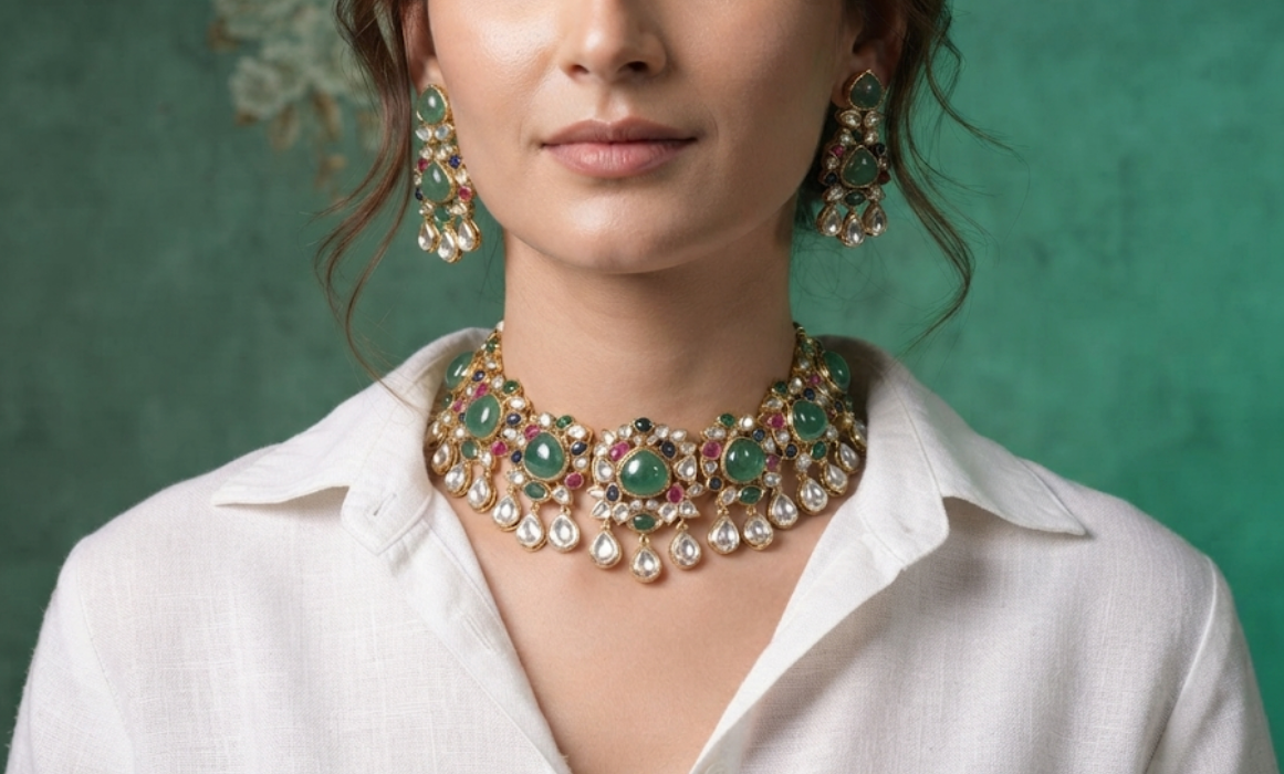 Multistone stone polki necklace set (4-9567)(B)