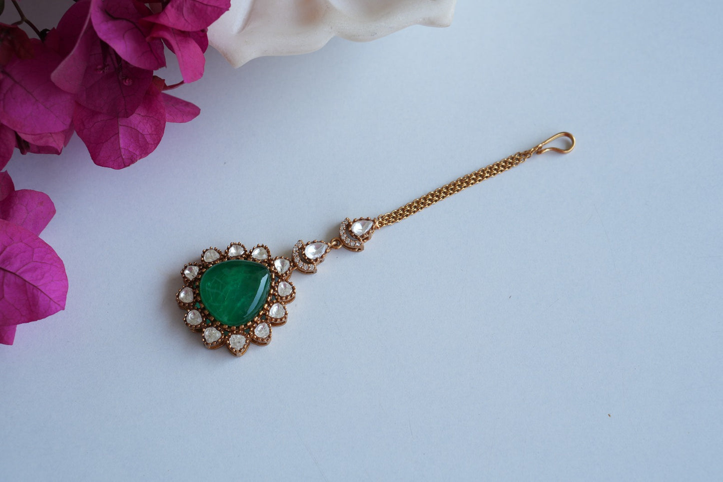 Green Stone Polki Maangtika (5-1671)(B) - JEWELSTYLE