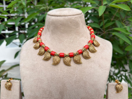 Coral Mango Necklace Set (4-8948)(Ak)