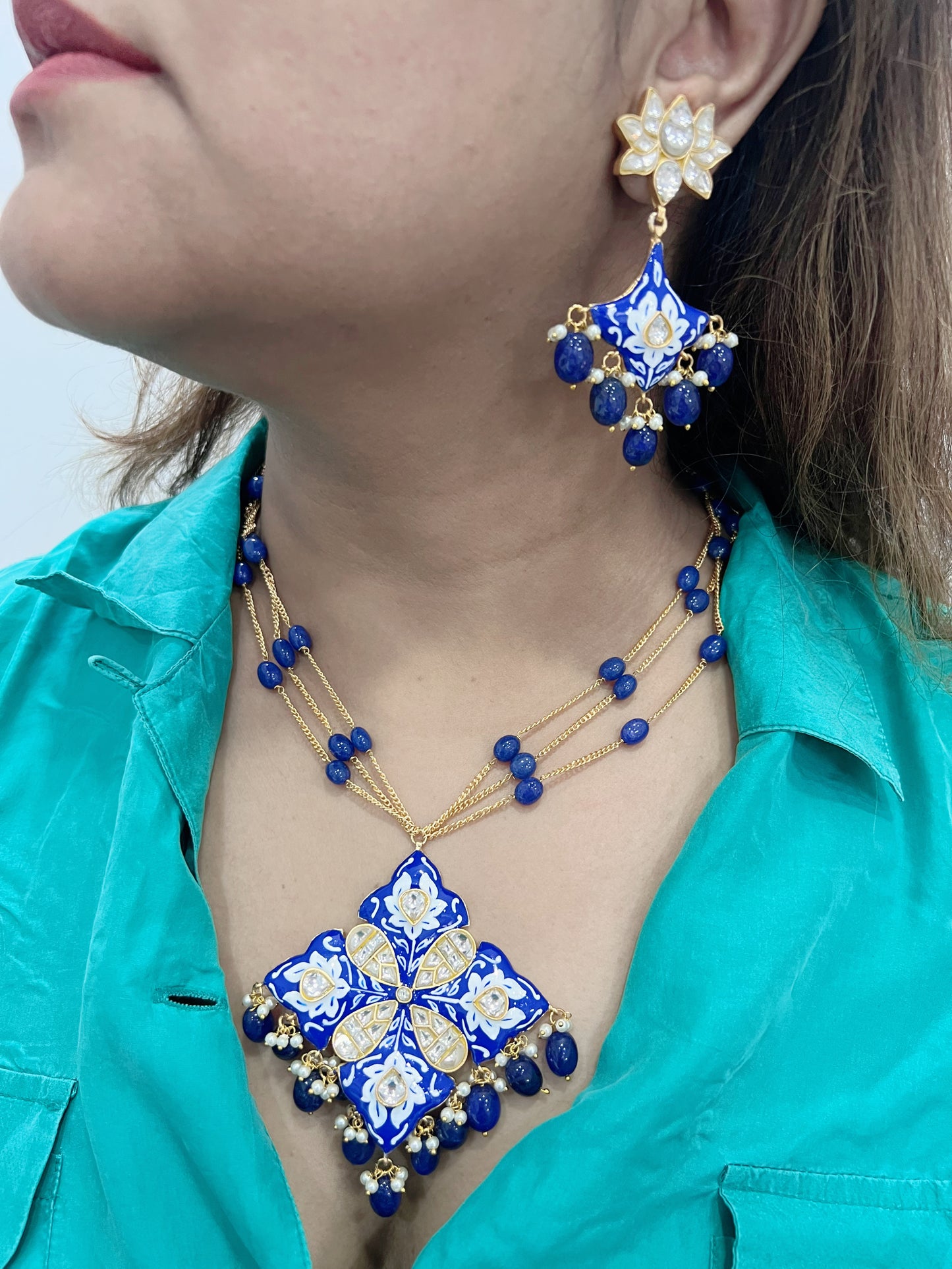 Kundan meena Pendant necklace set (4-5701)(R)(PREORDER)