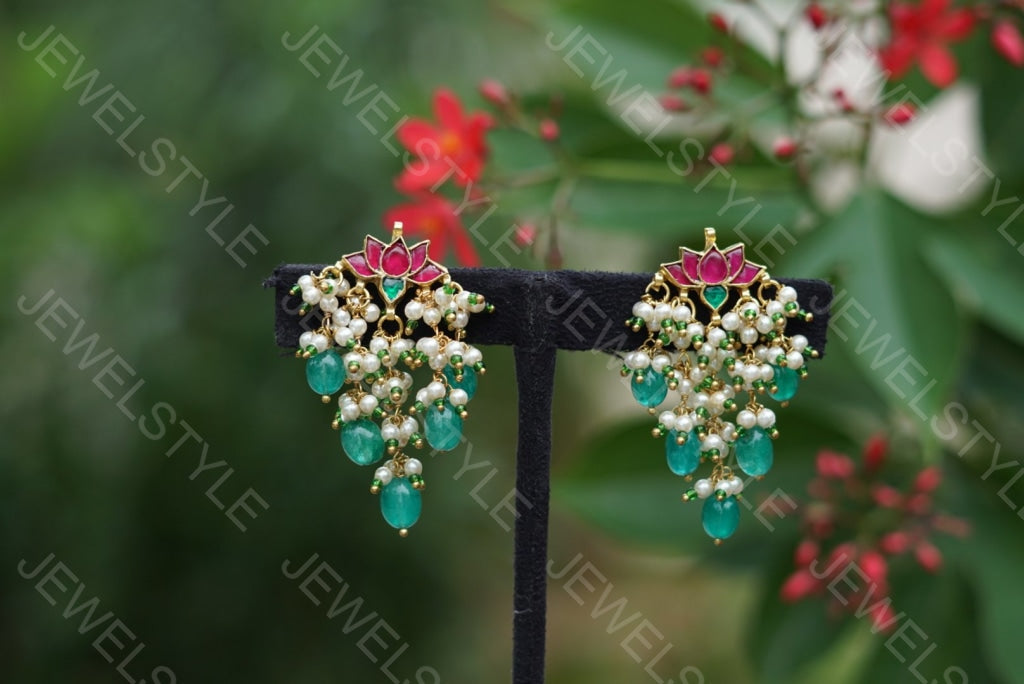 Kundan lotus earrings(1-1251)(N) - JEWELSTYLE