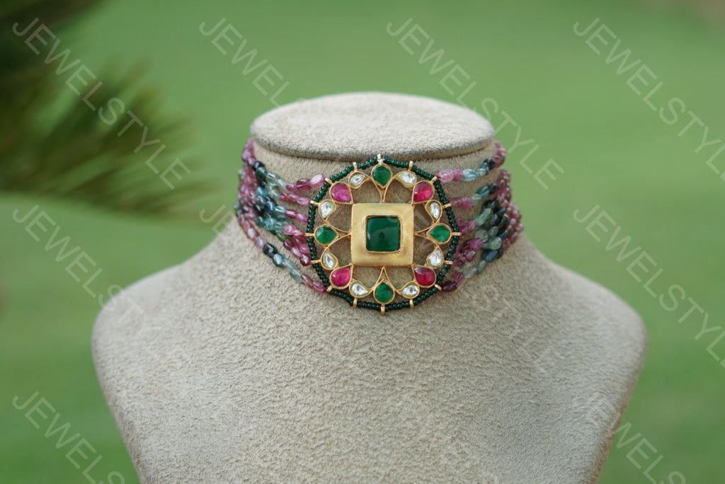 Kundan Choker in tourmaline beads(PREORDER)(4-1560) - JEWELSTYLE