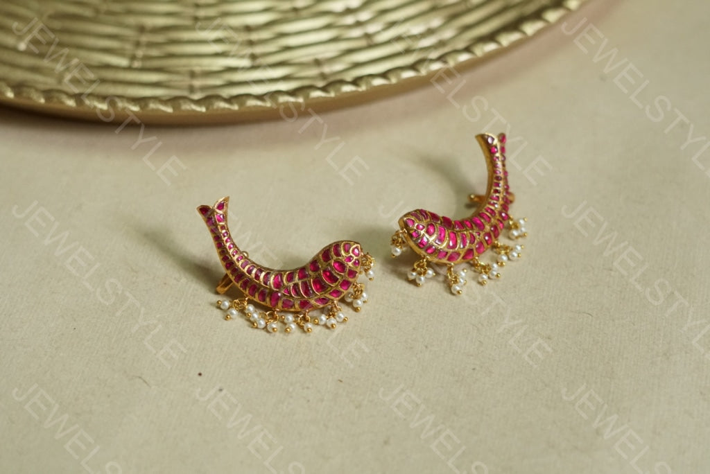 pink Kundan fish Earrings   (1-1775)(PREORDER) - JEWELSTYLE