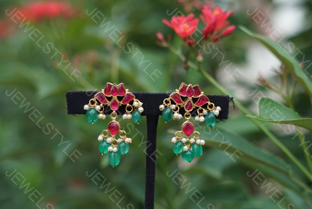 Kundan lotus earrings (1-1236) (PREORDER)