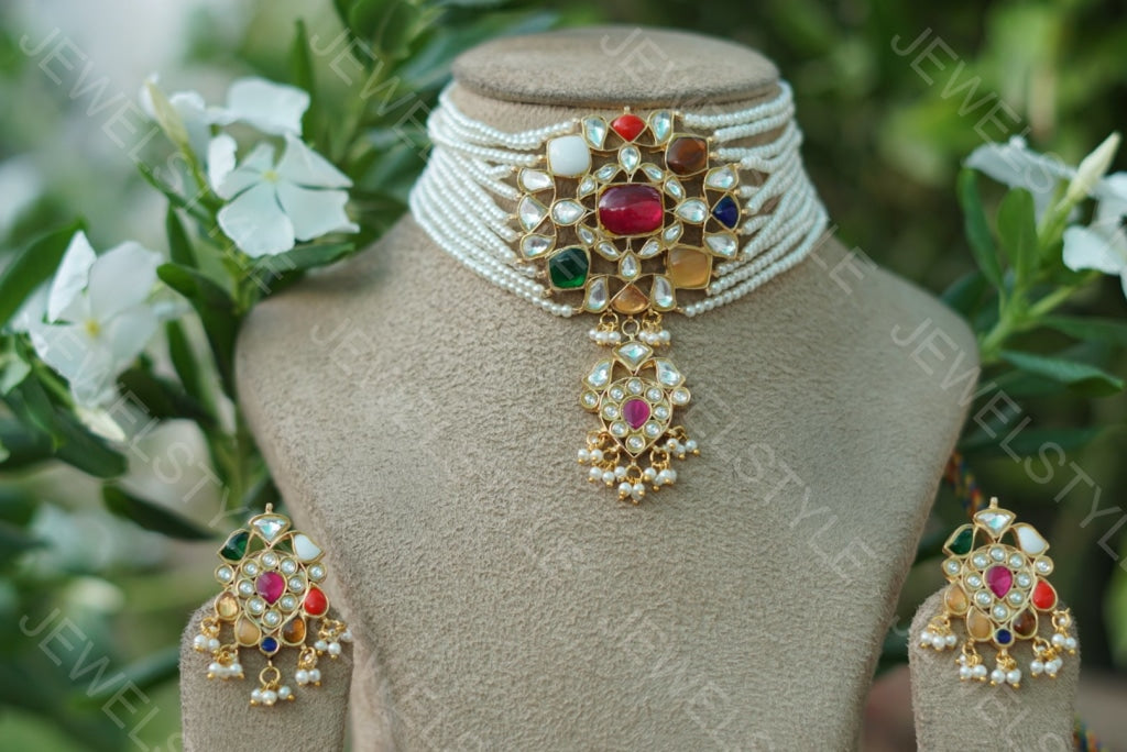 Navratan Kundan Choker set(PREORDER)(R)(4-1562) - JEWELSTYLE