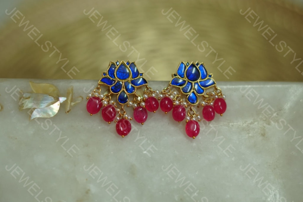 Blue Kundan lotus studs (1-1152)(PREORDER) - JEWELSTYLE