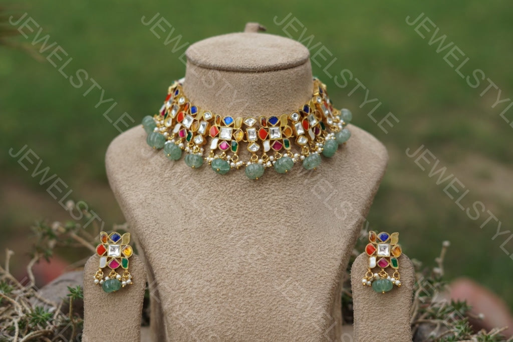 Kundan navratan choker set (Preorder) 4-1259 - JEWELSTYLE