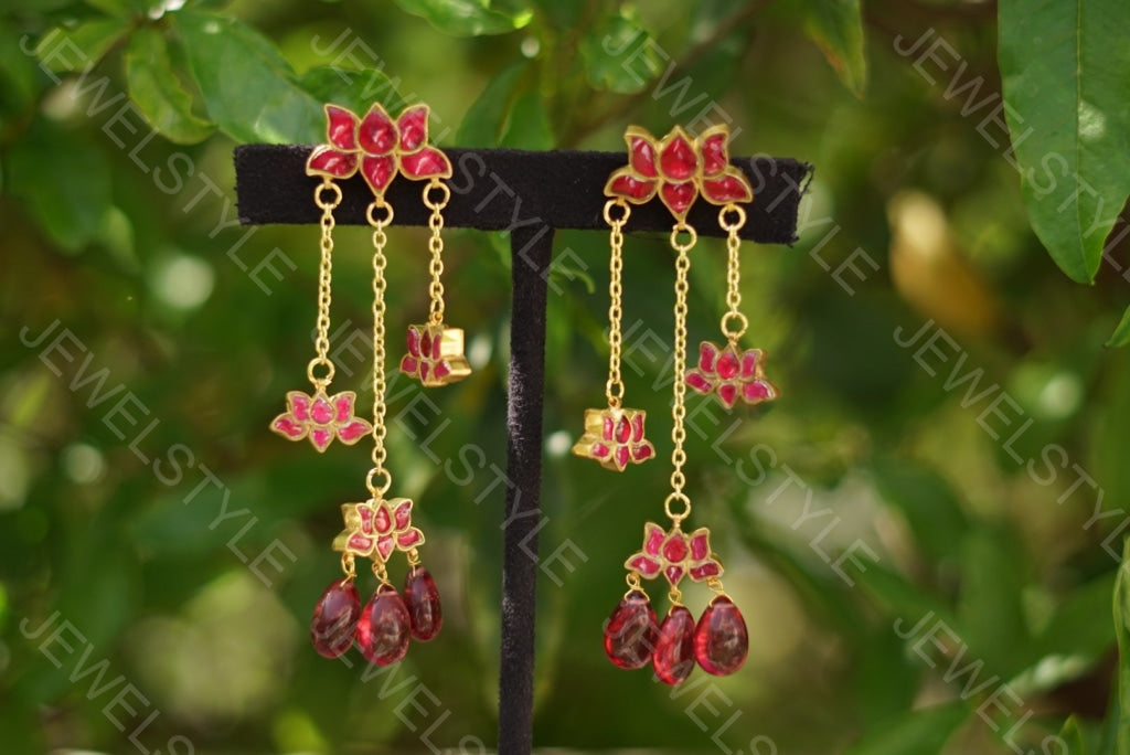 Dancing Kundan lotus earrings(PREORDER) (1-1057-c) - JEWELSTYLE