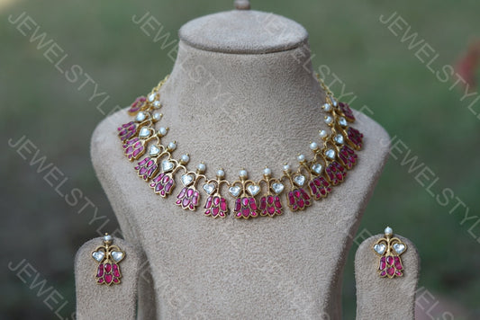 Pink lotus kundan Necklace set (4-4978)(AK)
