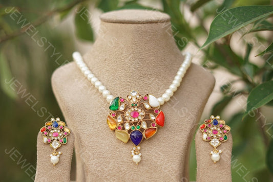 Navratan Kundan Pendant set(PREORDER)(4-1098) - JEWELSTYLE