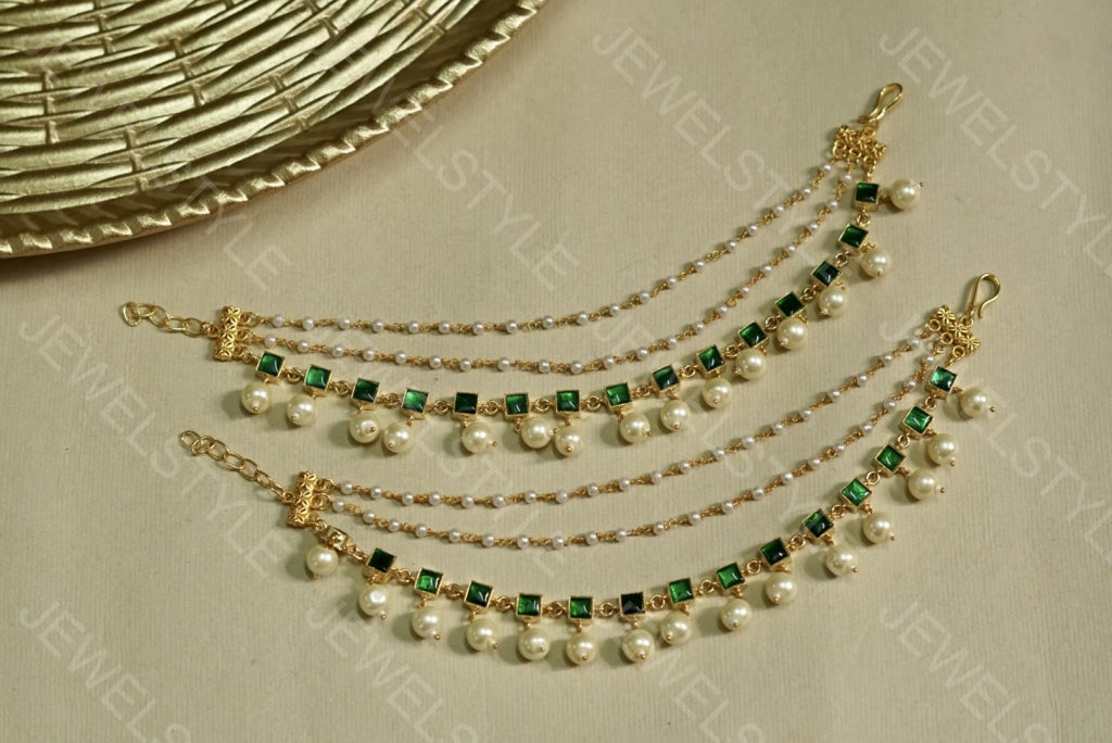 Green Kundan Ear Chain(9-20-c)(PREORDER) - JEWELSTYLE