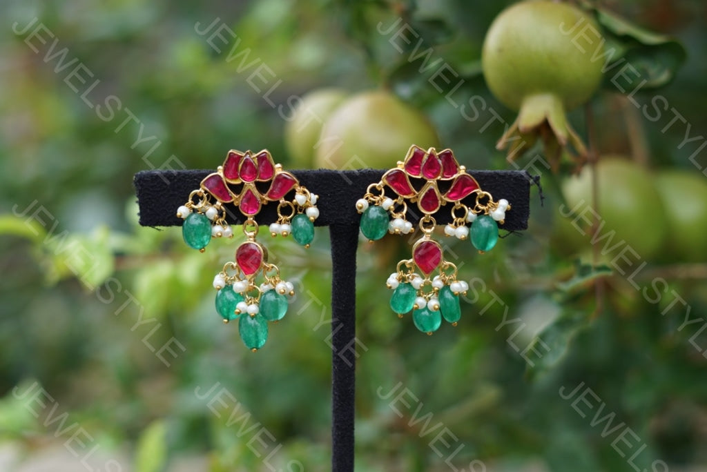 Kundan lotus earrings (1-1236) (PREORDER)