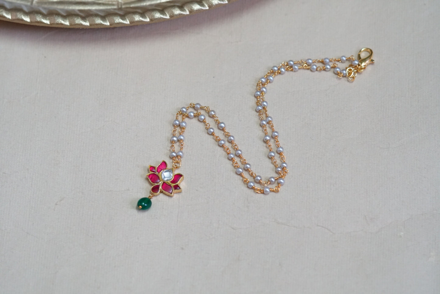 Pink lotus Kundan pendant chain(4-5384)(R)(PREORDER)