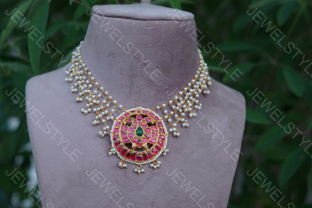 Round Pink Kundan Pendant Necklace (4-2459)(preorder)