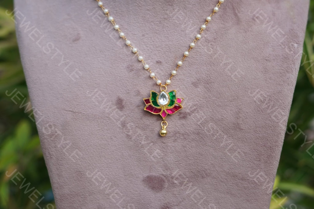 Kundan lotus pendant Chain(4-2013) - JEWELSTYLE