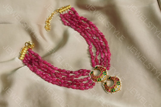 Pink beads Kundan pendant necklace (4-3696)(R) (PREORDER) - JEWELSTYLE