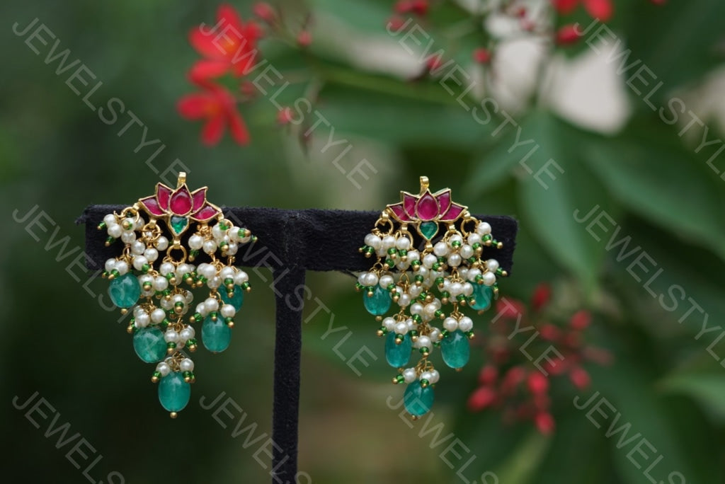 Kundan lotus earrings(1-1251)(N) - JEWELSTYLE
