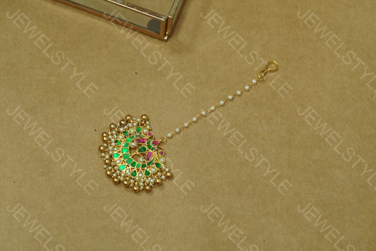 Green Kundan Maangtika (5-540)(PREORDER)