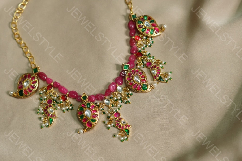 Pink beads Kundan mango necklace (4-3698)(PREORDER)
