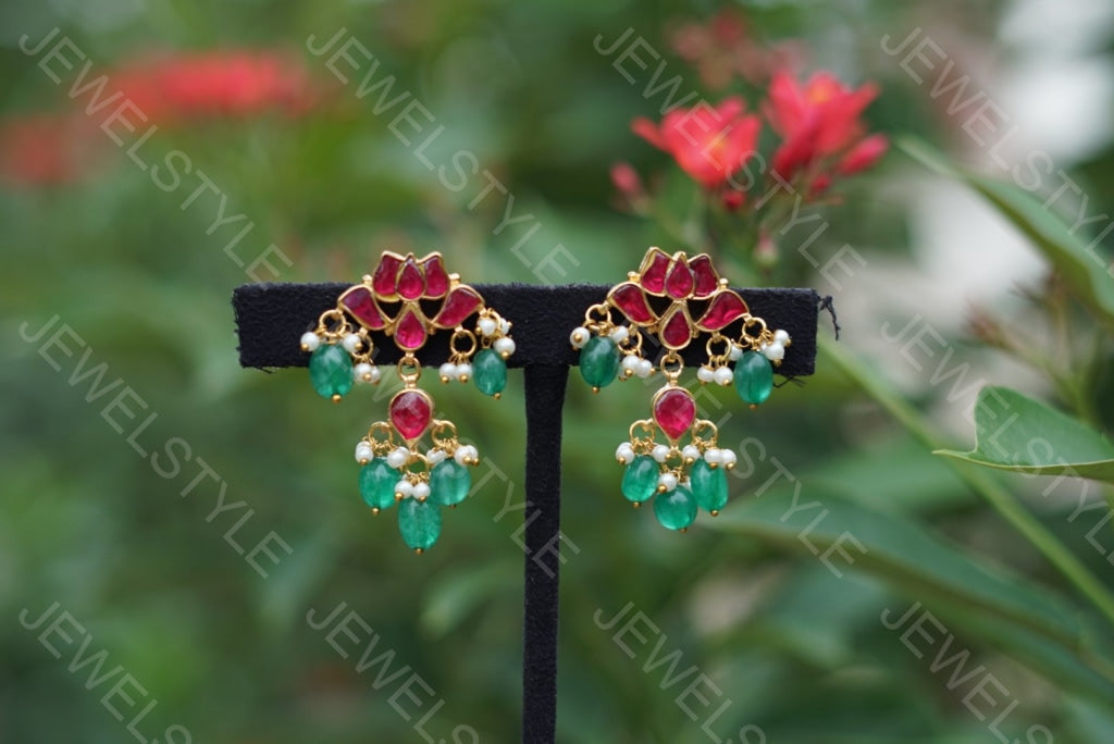 Kundan lotus earrings (1-1236) (PREORDER)