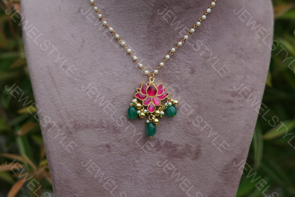 Pink Kundan lotus Pendant  (4-1597-c)(PREORDER)