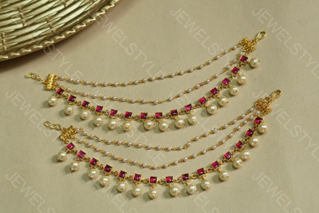 Pink Kundan Ear Chain(9-19)(PREORDER) - JEWELSTYLE