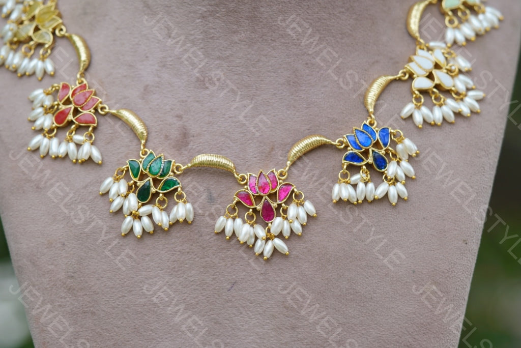 Navratan kundan lotus necklace set (4-5266)(R)(PREORDER) - JEWELSTYLE