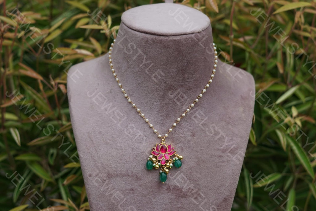 Pink Kundan lotus Pendant  (4-1597-c)(PREORDER)