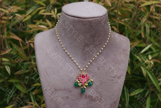Pink Kundan lotus Pendant  (4-1597-c)(PREORDER)