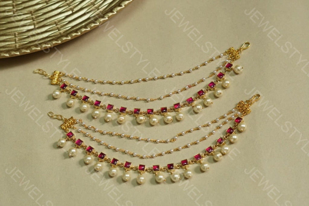 Pink Kundan Ear Chain(9-19)(PREORDER) - JEWELSTYLE