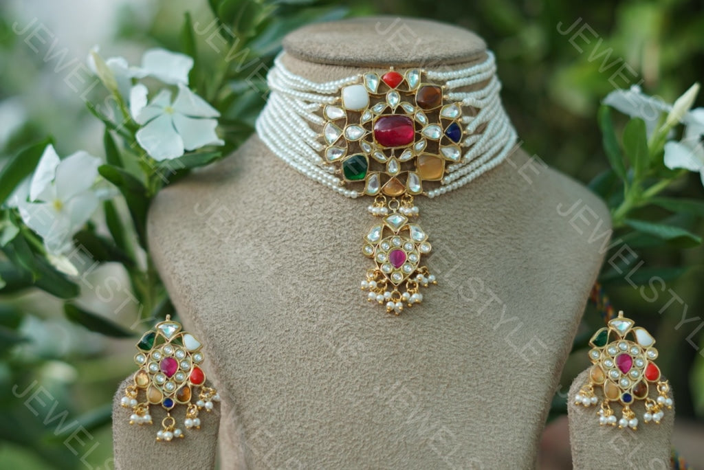 Navratan Kundan Choker set(PREORDER)(R)(4-1562) - JEWELSTYLE