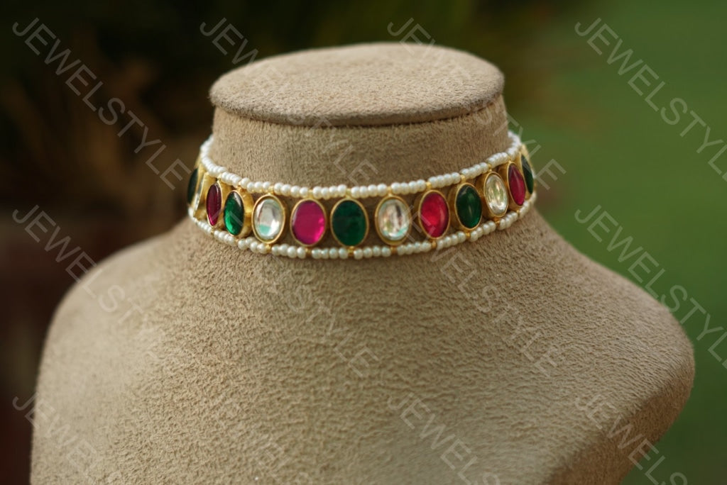 Multicolour Small Kundan choker(4-1947)(R)(PREORDER) - JEWELSTYLE