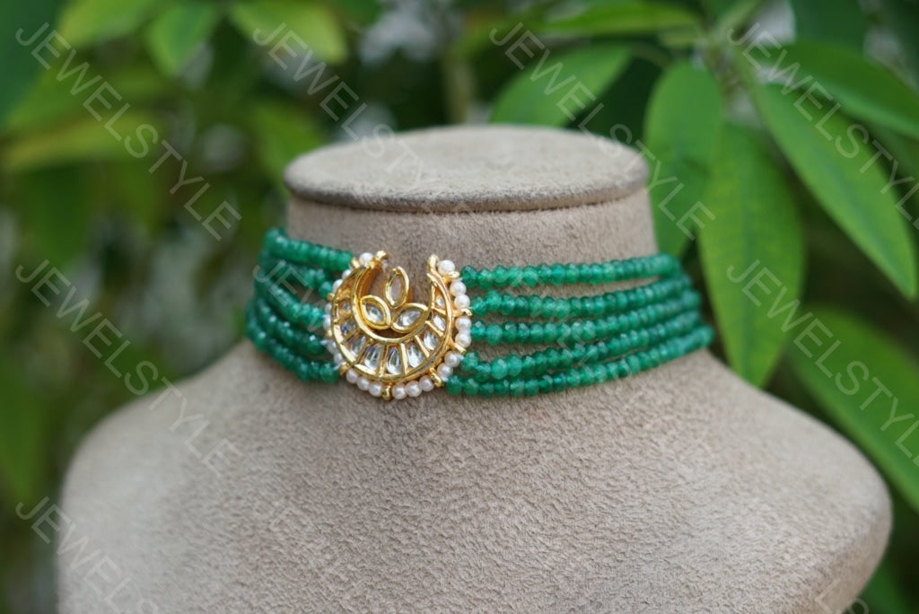 Green beads Kundan Choker (4-2279-c)(N) - JEWELSTYLE