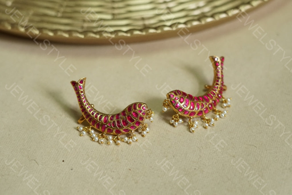 pink Kundan fish Earrings   (1-1775)(PREORDER) - JEWELSTYLE