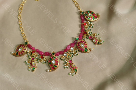 Pink beads Kundan mango necklace (4-3698)(PREORDER)
