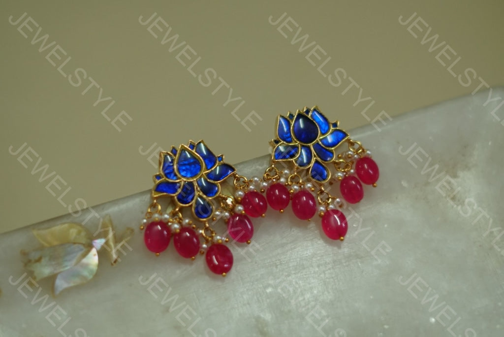 Blue Kundan lotus studs (1-1152)(PREORDER) - JEWELSTYLE