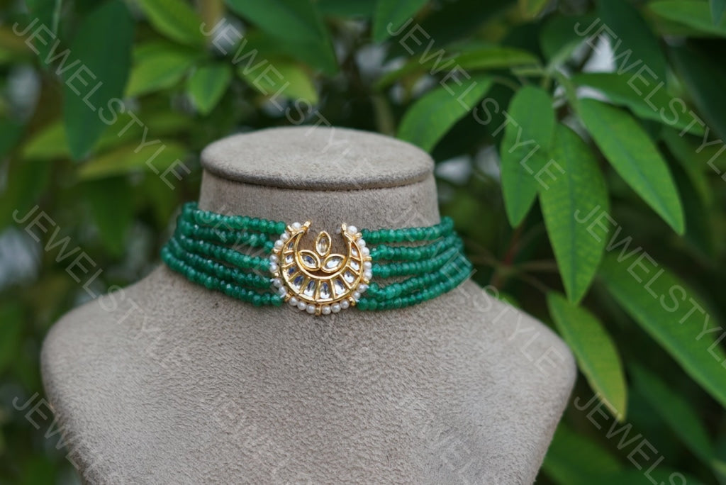 Green beads Kundan Choker (4-2279-c)(N) - JEWELSTYLE