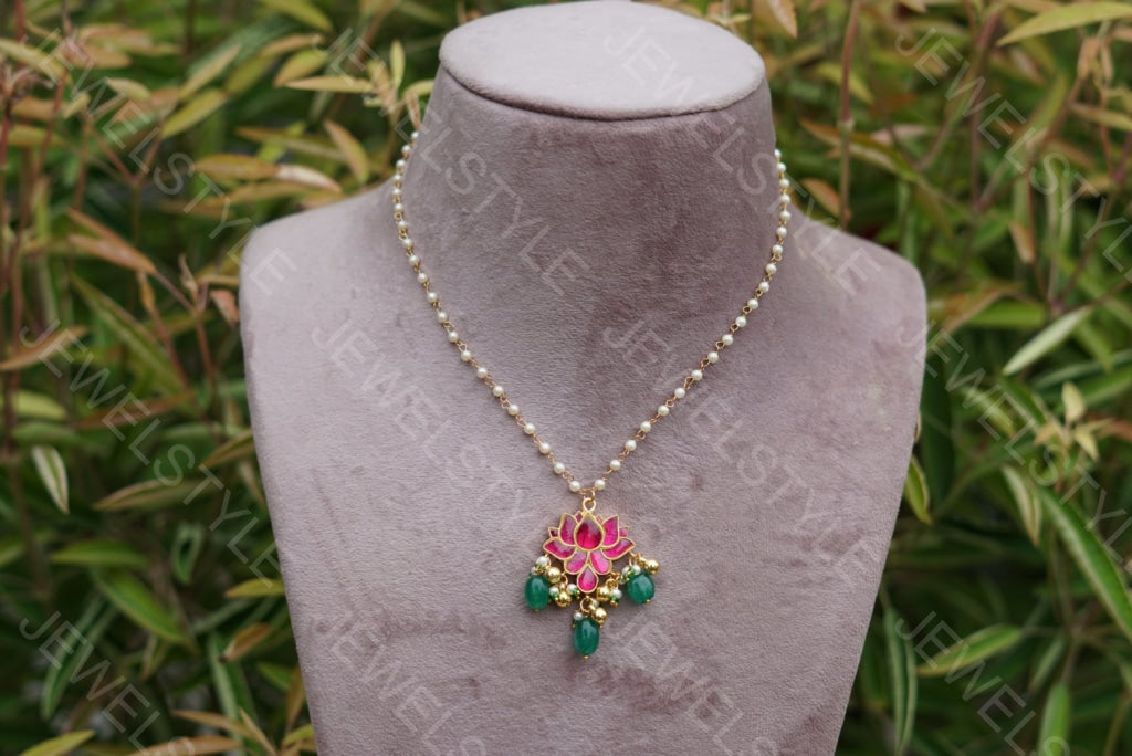 Pink Kundan lotus Pendant  (4-1597-c)(PREORDER)