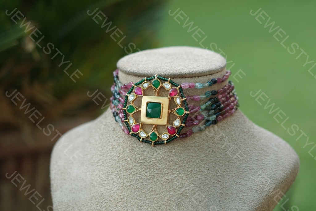 Kundan Choker in tourmaline beads(PREORDER)(4-1560) - JEWELSTYLE