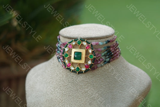Kundan Choker in tourmaline beads(PREORDER)(4-1560) - JEWELSTYLE