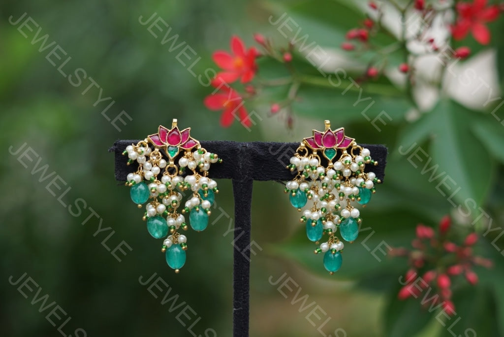 Kundan lotus earrings(1-1251)(N) - JEWELSTYLE