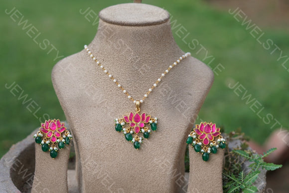 Pink Kundan Lotus Pendant Set (4-3602)(PREORDER)