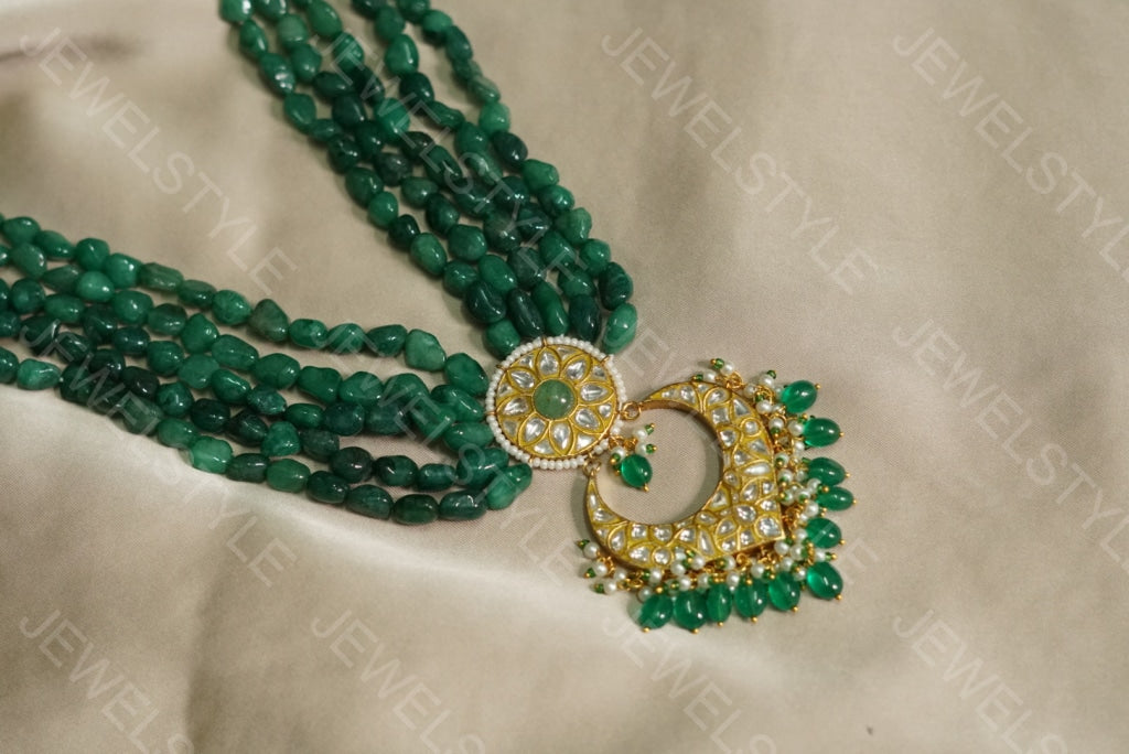 Green beads Kundan pendant necklace (4-3695)(R) (PREORDER)