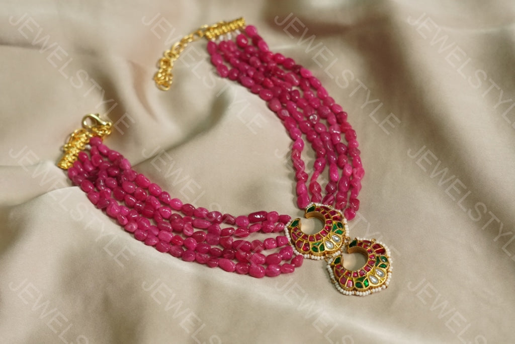 Pink beads Kundan pendant necklace (4-3696)(R) (PREORDER) - JEWELSTYLE